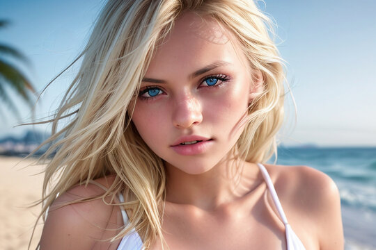 Blonde beauty in bikini enjoys sunny beach, epitomizing summer fun in tropical paradise during spring break.
