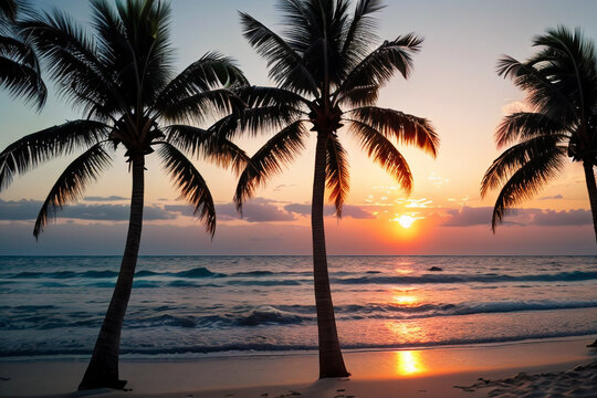 Tranquil coastal sunset with palm trees casting silhouettes against the ocean horizon, offering an idyllic tropical getaway ambiance