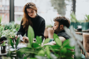 Young people engage in a focused business discussion at a cozy, green plant-surrounded cafe. The...