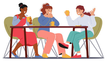 Group Of Women Share Laughter And Stories In A Cozy Cafe, Bonding Over Cups Of Coffee, Vector Illustration