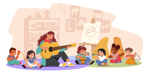 Children In A Music Class Sit On The Floor, Joyfully Exploring Various Instruments, Like Drum, Xylophone, Maracas