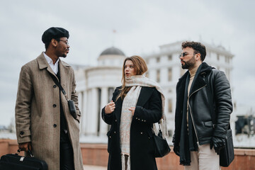 Three young professionals discuss work while standing together in an urban setting, embodying the dynamic of remote business meetings.