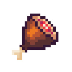 Fototapeta premium 8 bit pixel fried chicken thigh. delicious chicken.Vector illustration isolated on white background.Design for sticker, logo store, mobile app. 8-bit sprites have appeared.