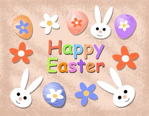 A picture with Easter symbols (eggs, flowers and bunnies) with the inscription Happy Easter!