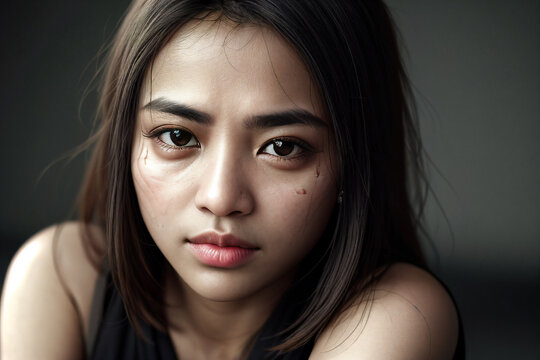 Intense close-up of a serious Latin Asian woman, showcasing confidence and diversity in beauty.