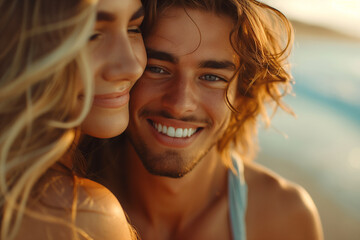 Pareja de amigos, enamorados, disfrutando del verano, del sol y de la playa, sonriendo a la cámara, bonita sonrisa. - obrazy, fototapety, plakaty