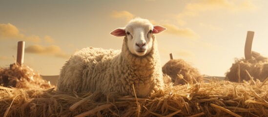 A sheep is relaxing in a lush grassland pasture, surrounded by a pile of hay, with its snout up and...