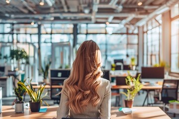 Fototapeta premium Back view of businesswoman with long blonde hair sitting at desk with laptop in modern office