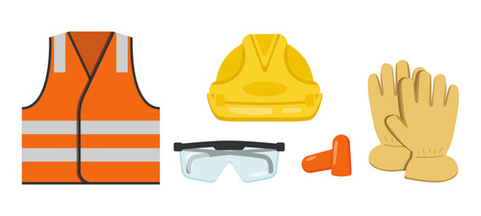Worker safety gear illustration set. Personal protective equipment collection including, hi-vis vest, hard hat, safety glasses, ear plugs and gloves. PPE flat vector graphic elements.