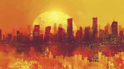 Fototapeta premium A city skyline under a scorching sun, with heatwaves radiating off the pavement, illustrating urban heat island effect.