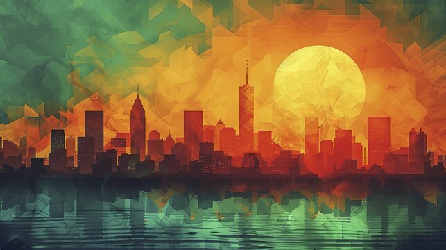 A city skyline under a scorching sun, with heatwaves radiating off the pavement, illustrating urban heat island effect.