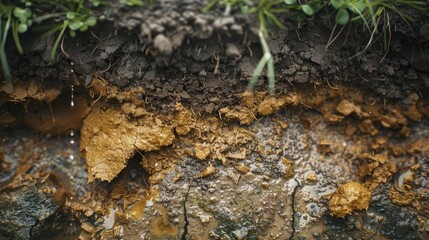 A close-up of soil erosion, a consequence of deforestation, with rain washing away the topsoil.