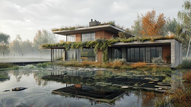 A concept design for an eco-friendly house that produces as much energy as it consumes, embodying net zero home living.