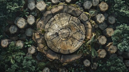 Fototapeta na wymiar A cross section of a tree stump surrounded by stumps, representing the loss of ancient forests.
