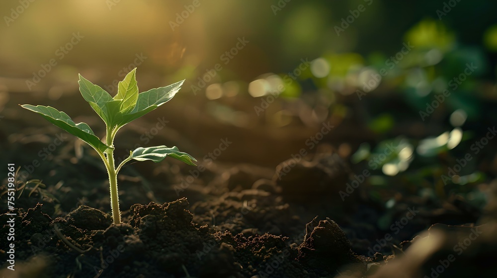 Poster Young plant sprouting in sunlit soil signifying new life and growth. symbol of hope and renewal in nature. eco-friendly concept image. AI