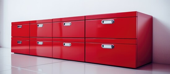 A red file cabinet stands prominently in a white room, showcasing its sleek design. The metal loops on the cabinets drawers add a touch of industrial style to the space. - Powered by Adobe