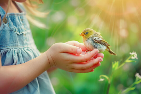 Little girl is holding a small bird in her hands, summer sunny day