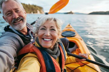 An elated senior couple shares a selfie moment while kayaking on serene waters, with smiles that reflect a deep bond and a zest for life.