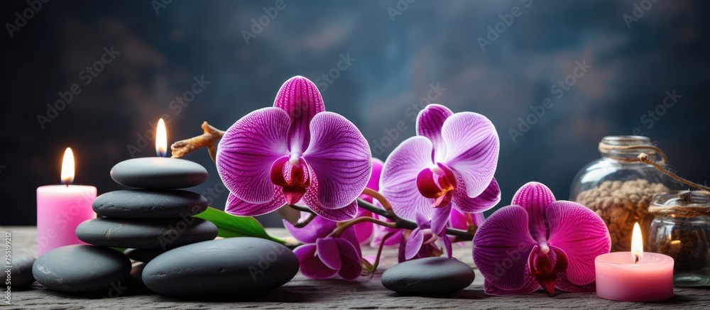 Poster arrangement of violet orchids, glowing candles, and colorful rocks displayed on a table creating a s