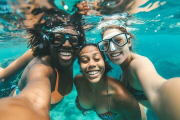 Three friends share a euphoric moment in a cheerful underwater selfie, snorkeling together in the clear turquoise waters.