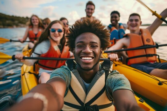 A young man with a captivating smile takes a selfie with a group of friends on a kayaking excursion, sharing the joy of their collective adventure.