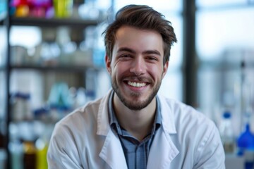 A portrait of a confident and smiling male scientist in a lab coat, representing the positivity and enthusiasm in modern scientific research.