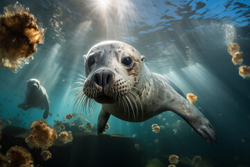 Seehund neugierig unter Wasser, ein Seehund schwimmt unter der Wasseroberfläche durch ein Riff - obrazy, fototapety, plakaty
