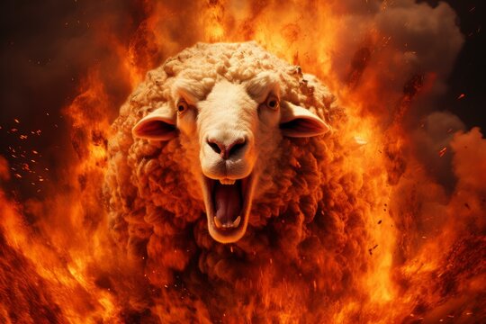Terrifying Nightmare sheep with fire flames. Horrified scary lucifer animal in burning fire. Generate ai