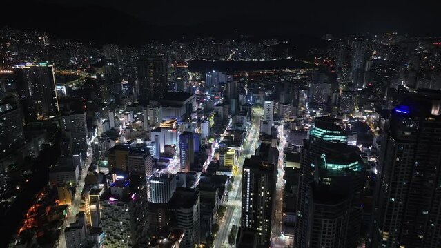 Aerial video  at night  over a residential area in Busan,  South Korea