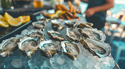 close up of fresh shucked oyster buffet: oysters on ice with and lemons in luxury seafood eatery restaurant

