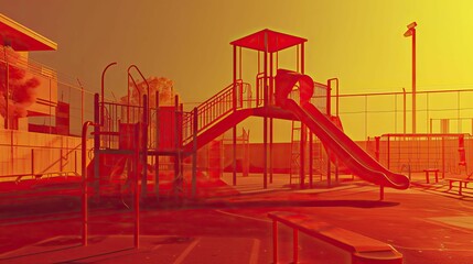 Fototapeta premium An empty playground at noon, with heatwaves visible on the surface, symbolizing the direct impact on daily life.