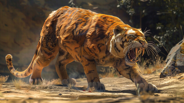 Saber-toothed tiger (lat. Smilodon fatalis) a cat that lived in North America, ai generative