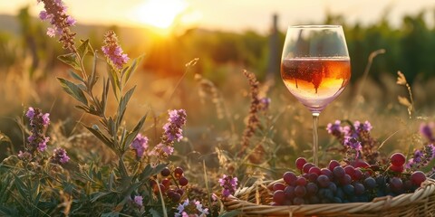 A glass of wine rests amidst grape vines in a natural landscape