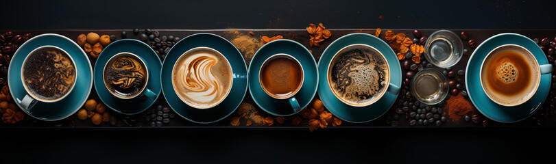 Blaue Kaffeetasse mit heißem Kaffee, Banner Kaffeegenuss, Banner Konzept Kaffee mit Textfreiraum - obrazy, fototapety, plakaty