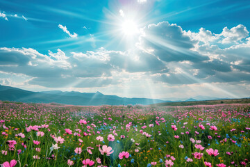 Sunlit Meadow: A Blossoming Field of Wildflowers Against Mountain Backdrop