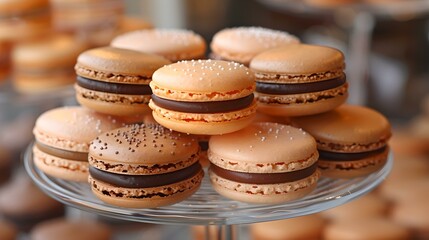 Obraz na płótnie Canvas Assorted gourmet macarons on a display stand. delicate french pastries, perfect for dessert tables and high-tea settings. exquisite and stylish treats for any occasion. AI