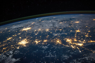 Planet Earth at Night with City Lights from Space - obrazy, fototapety, plakaty