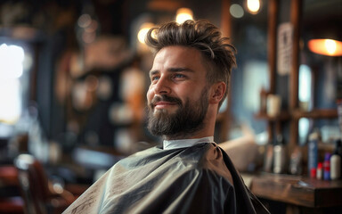 A handsome male with a beard in the hairdresser barbershop salon gets a new haircut sitting on the chair and smiling