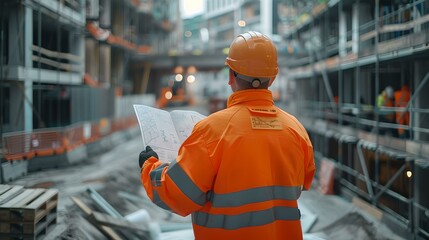 Construction worker in high-visibility vest reviews plans at urban building site. professional engineer on the job. industrial worker at construction area. AI