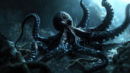 Octopus. Huge Kraken. Monster attacking ships in a storm