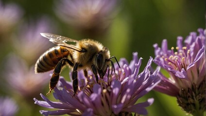 Close up view of bee trying to make honey in flower