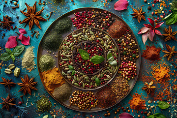 Fototapeta premium A circle of various spices arranged on a table in a fractal art pattern