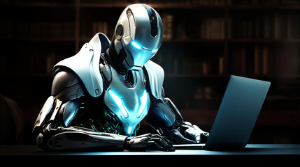 Efficient humanoid AI robot working on laptop while collaborating with humans in an office setting, exemplifying the synergy between business and technology