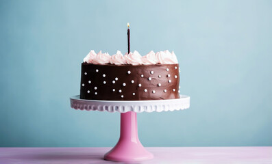 Chocolate birthday cake on stand with a single candle