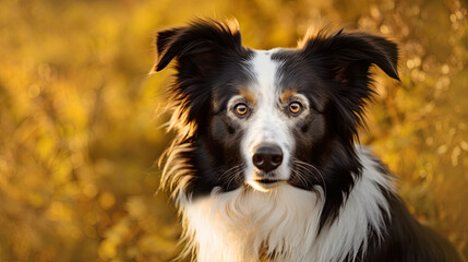 Adorable portrait capturing the intelligence and charm of a Border Collie against a golden bokeh background