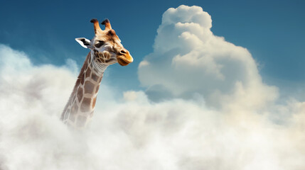 Portrait of giraffe peeking through billowy white clouds