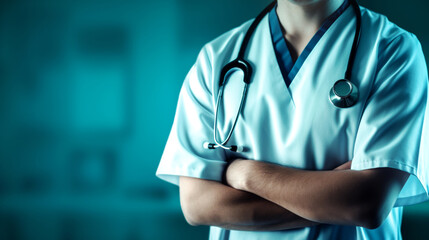 doctor with stethoscope around neck standing confidently with arms crossed in a clinical setting displaying medical professionalism and expertise