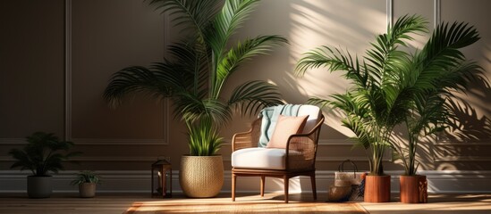 Fototapeta premium This room features a chair positioned next to a decorative Areca palm in a pot. A patterned rug covers the floor, adding warmth and texture to the space.