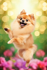 Adorable portrait of a joyful Pomeranian dog against golden bokeh background