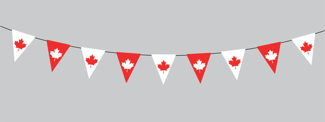 Canada Day decoration, flag of Canada, bunting garland, string of triangular flags for outdoor party, red maple leaf, pennant, retro style vector illustration